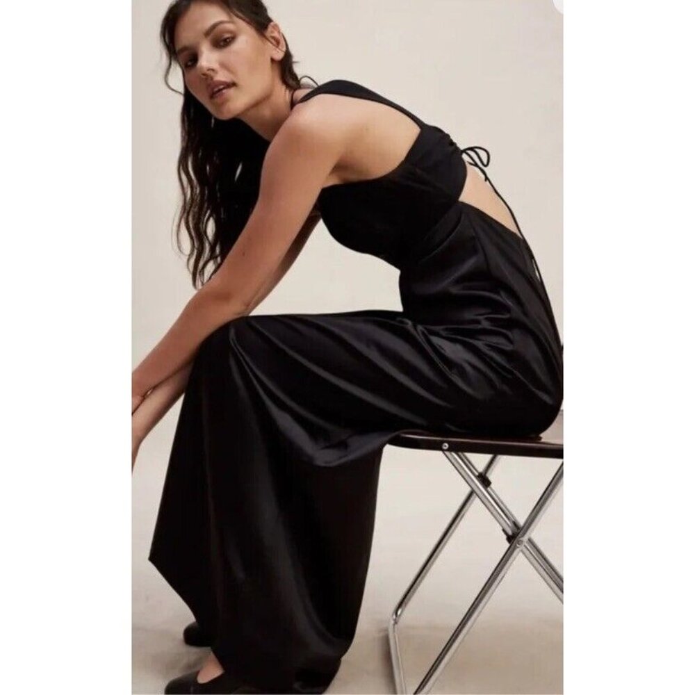 Free People Gia Dress Size 12 Black Satin Bodice Maxi Slinky Tie Back Boho New - Picture 3 of 10